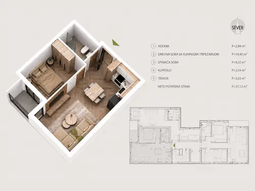 Novogradnja Pantelej – Durlan — raspored 37,12 m²