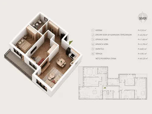 Novogradnja Pantelej – Durlan — raspored 67,20 m²